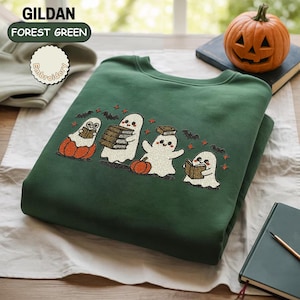 Ghost Reading Sweatshirt, Halloween Sweatshirt, Embroidered Ghost, Ghost Reading Books, Fall Crew, Halloween Embroidery, Ghost Book Sweater