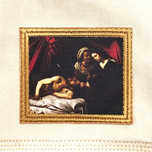 May include: A framed painting depicting a scene from the Bible. The painting shows three figures, two women and one man, in a dark room with red curtains. The man is lying on a bed, and the women are standing over him. The painting is in a gold frame.