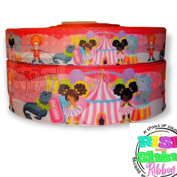 Afro Circus 2 Grosgrain Ribbon Printed. Black Girl. Brown Girl. 3 yards. African American. Clown. Animals. Skirt. Wreath. Hair bows