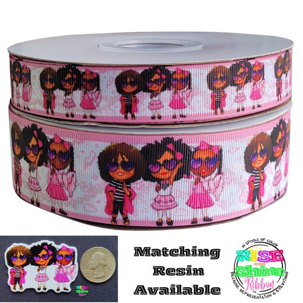 Girlfriends Grosgrain Ribbon Printed. 3 Yards. Black Girl. Brown Girl. Ruffle Socks. Hair bow. Wreath, ribbon tutu, playing dress up