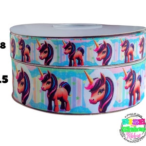 May include: Two rolls of colorful ribbon with a unicorn print. The ribbon is 7/8 inch and 1.5 inches wide.