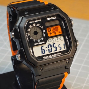 Custom Casio AE-1200 Watch: Black Case, Colored LCD, Magnetic Strap