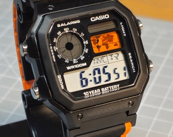 Custom Casio AE-1200 Watch: Black Case, Colored LCD, Magnetic Strap