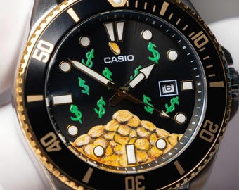 Custom Casio MDV-106/107  "The Money Maker" Duro Watch Mod: Hand Painted Dial, Sapphire crystal.