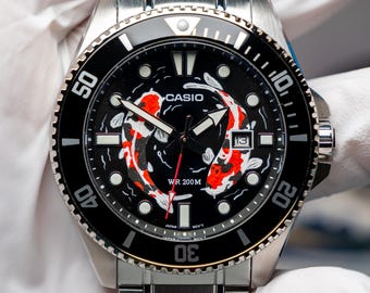 Custom Casio Duro MDV-106/107 Hand-Painted Koi Dial, Sapphire Crystal