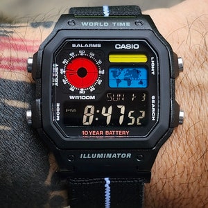 Custom Black Casio AE-1200 Watch: Polarized LCD, Hydromod Case, Elastic Strap