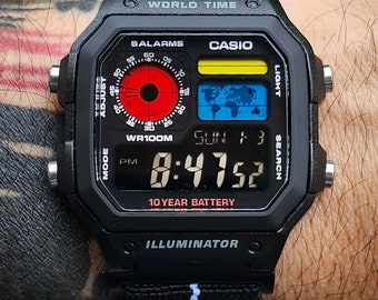 Custom Black Casio AE-1200 Watch: Polarized LCD, Hydromod Case, Elastic Strap