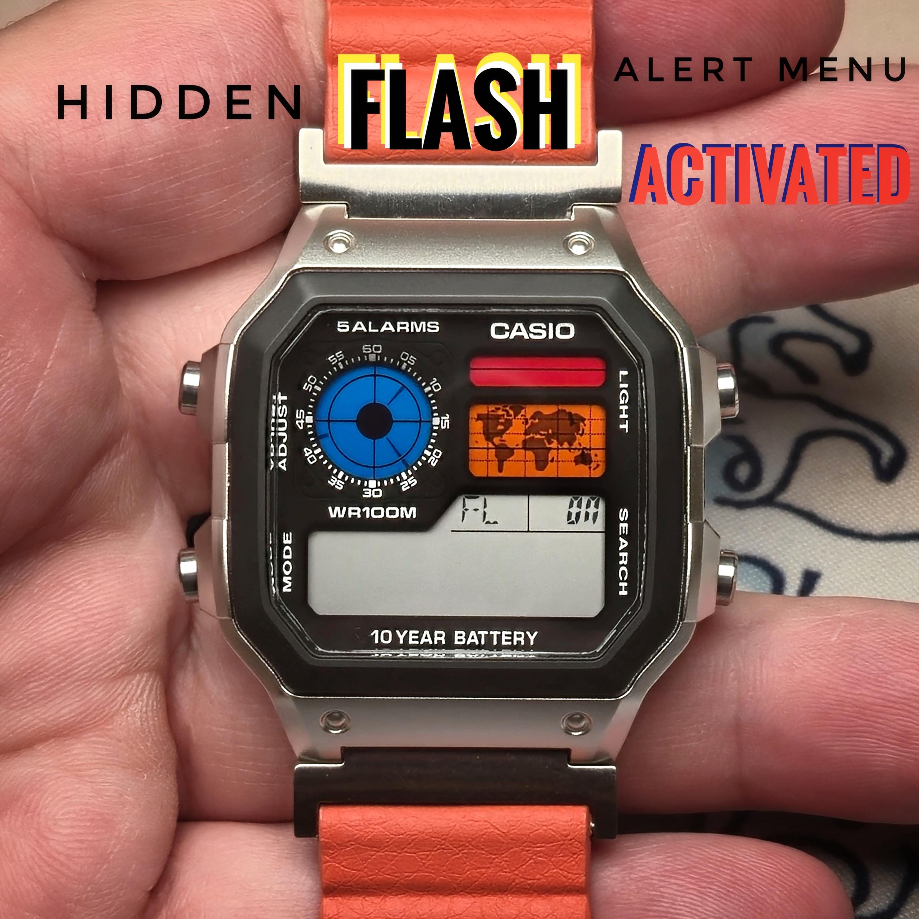MeGA BuNDLE! Modified watch based on Casio AE-1200, colored screen and hydromod. Watch + 3 straps! Hidden menu activated: FLASH alarm.