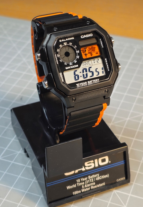 Custom Casio AE-1200 Watch: Black Case, Colored LCD, Magnetic