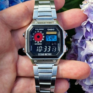 Relógio modificado baseado no Casio AE-1200, LCD polarizado colorido, caixa hidromod e pulseira de aço inoxidável polido