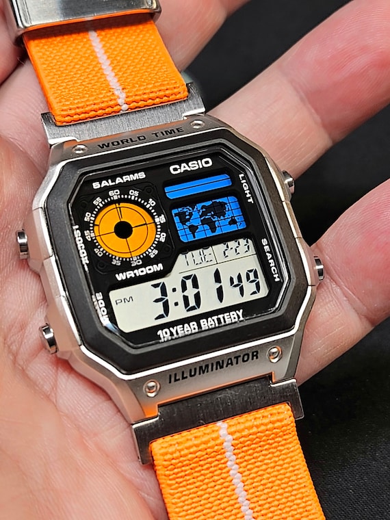 Modified Casio AE-1200, Colorful Polarised LCD, Hydromod Case and Elastic  Nato Strap With Black Stainless Steel Hardware. v2 