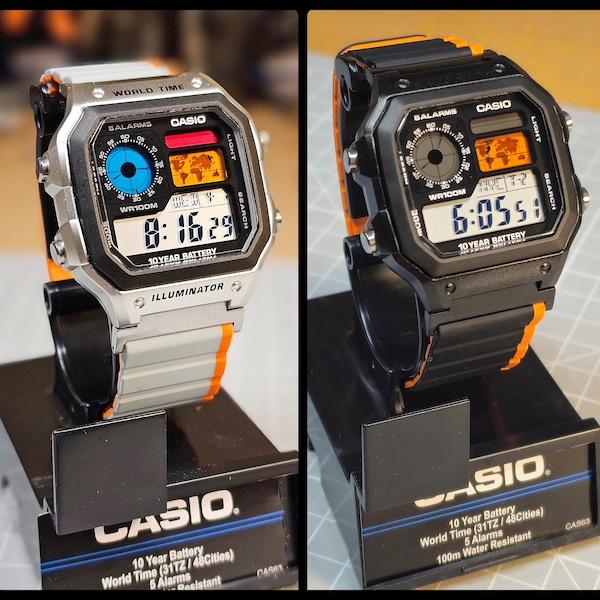 Casio AE-1200 modifié. LCD avec filtre couleur, boîtier Hydromod et dragonne à boucle magnétique (V2)