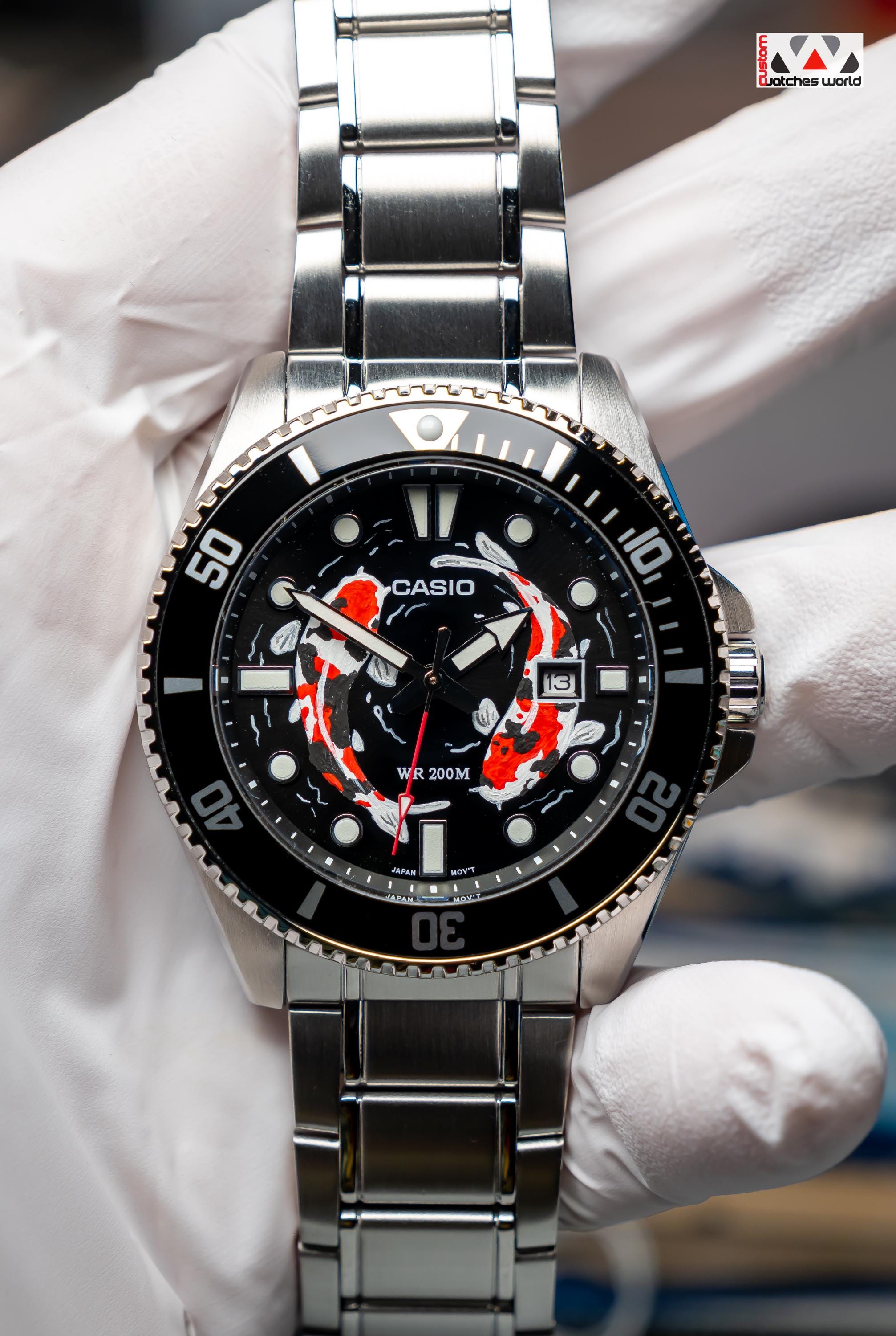 Dark charybdis reincarnation デスコア デスメタル Custom Casio Duro MDV-106/107 Hand Painted Koi Dial, Sapphire