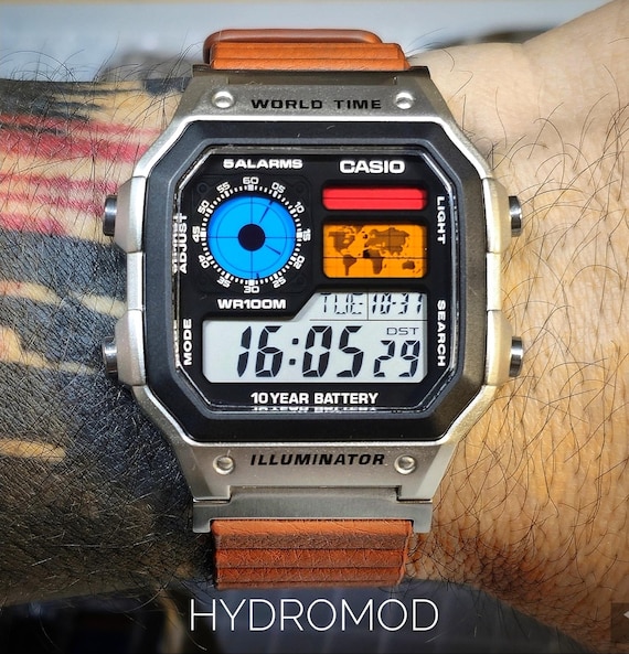 Custom Casio AE-1200 Watch: Silver Case,saddle Brown Leatherette