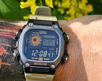 Casio AE-1200 Modifiziert. DW-291 'Desert' Koffer und Tragegurt plus farbiges Display.