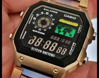 Casio AE-1200 modifié, écran LCD polarisé coloré, boîtier Hydromod et bracelet en acier inoxydable traité thermiquement