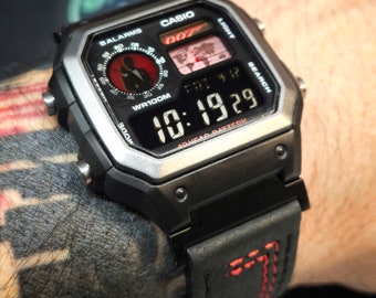 Casio AE-1200 Modified. '007-Bond' theme colorized LCD and leather straps.