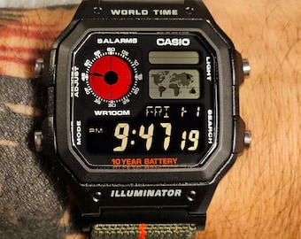 Custom Casio AE-1200 Watch: colored LCD, Hydromod, Green Elastic Strap