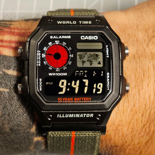Custom Casio AE-1200 Watch: Colored LCD, Hydromod, Green Elastic