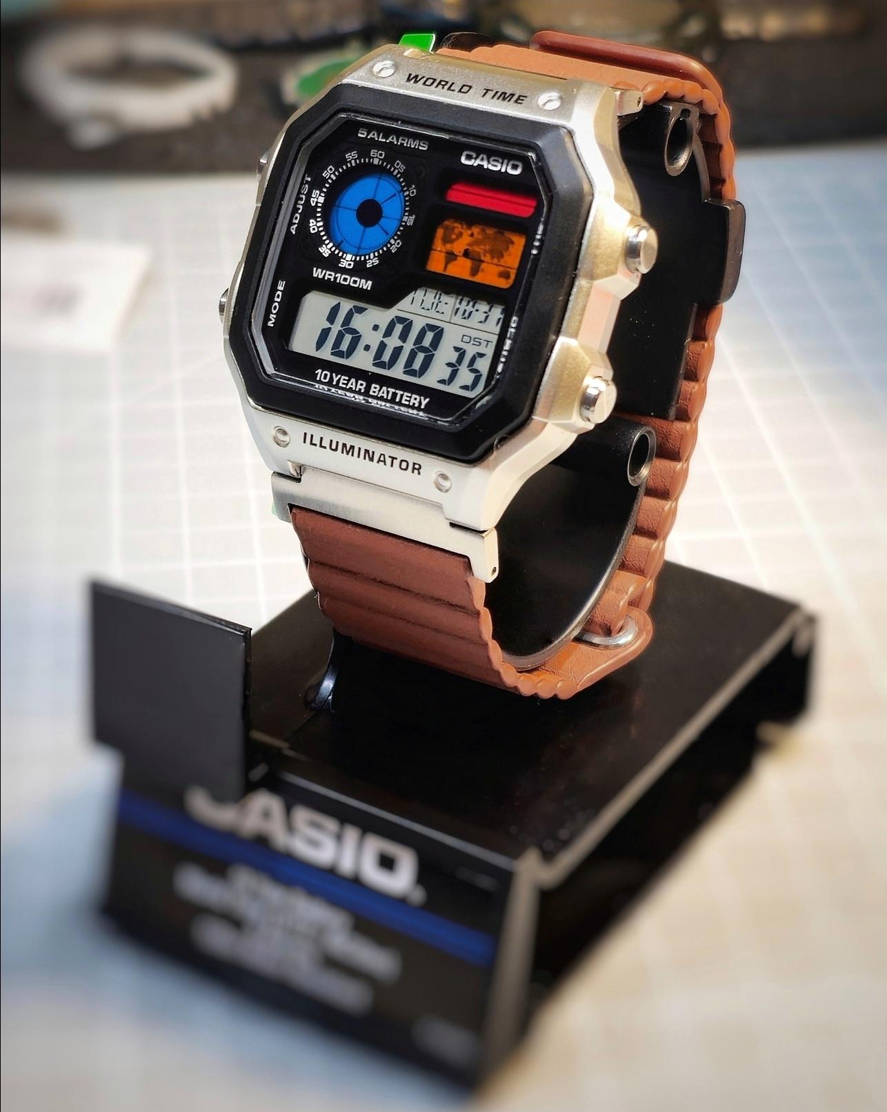 Custom Casio AE-1200 Watch: Silver Case,saddle Brown Leatherette