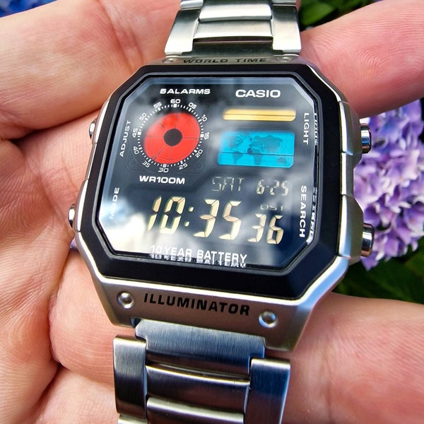 Modified Casio AE-1200, colorful polarised LCD, hydromod case and polished stainless steel bracelet