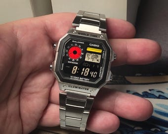 Custom Casio AE-1200 Watch: Silver Resin, Negative LCD, Hydromod, Stainless steel bracelet