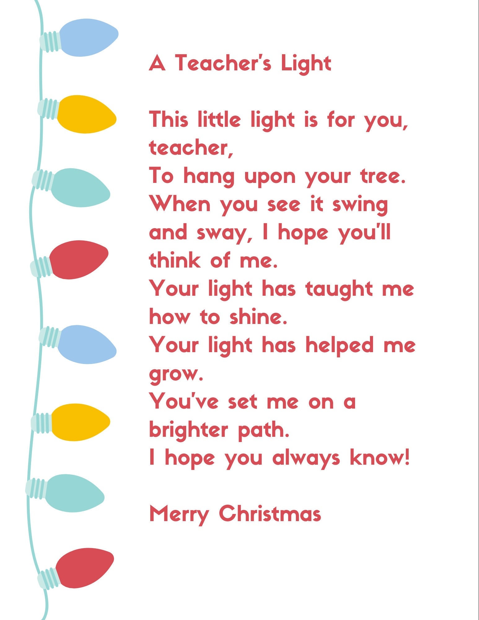 Merry Christmas Teacher Poem Download Etsy