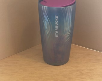 Starbucks 2022 CeramicCoffee Mug w Lid - Bluerainbow iridescent w Purple Lid