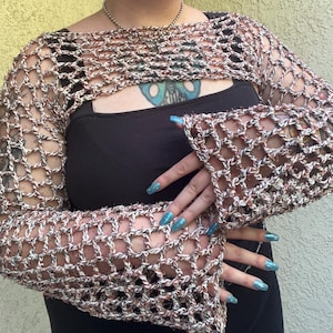 Beige and brown crochet bolero shrug top