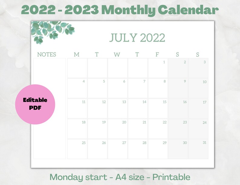 20222023 Calendar Printable July 2022 to June 2023 Calendar Etsy
