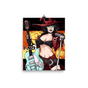 Puede incluir: Una ilustración digital de una mujer con cabello rojo y un sombrero rojo tocando una guitarra eléctrica azul. Lleva un atuendo rojo y negro y tiene un micrófono en la mano. El texto "I-NO" es visible en la imagen.