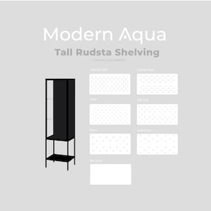 May include: Black metal shelving unit with three shelves. The shelves have different patterns, including vertical slots, classic slots, spots, zig-zag, flora, leaf print, and no slots.