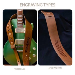 May include: Two images demonstrating guitar strap engraving styles. The left shows a brown leather strap with the name "PETER" engraved vertically, on a green electric guitar. The right shows a strap with horizontal text.