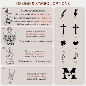 May include: Image displaying design and symbol options for engraving. Features guitar, lightning bolt, cross, clover, heart, musical notes, and initial designs. Text details character limits for engraving.
