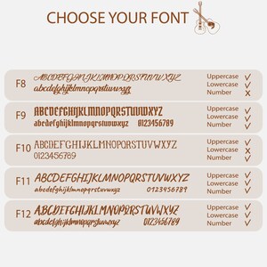 Pu&ograve; includere: Grafica che mostra le opzioni di carattere con il testo "CHOOSE YOUR FONT" in alto. Vengono mostrati diversi stili di carattere, ciascuno con maiuscole, minuscole e numeri indicati da segni di spunta o una X.