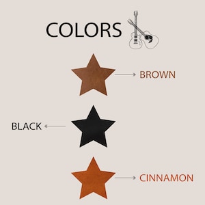 May include: An image displaying the word "COLOURS" at the top, with three star shapes in brown, black, and cinnamon. Arrows indicate the colour names. Two guitar illustrations are in the top right corner.