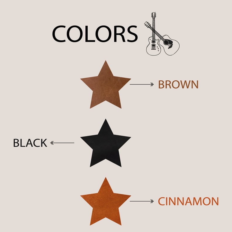 May include: An image displaying the word "COLOURS" at the top, with three star shapes in brown, black, and cinnamon. Arrows indicate the colour names. Two guitar illustrations are in the top right corner.