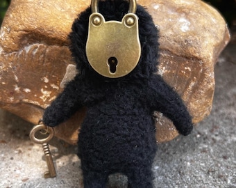 Secret Keeper Art Toy: Black Plush Creature with Lock and Key