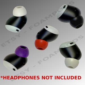 May include: Five different earbud tips for headphones. The tips are made of foam and come in a variety of colors, including white, red, purple, and gray. *HEADPHONES NOT INCLUDED*