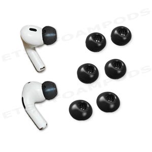 May include: White wireless earbuds with black ear tips, alongside a set of replacement black ear tips. The earbuds have a sleek, modern design, and the ear tips are round and textured. The image is on a white background.