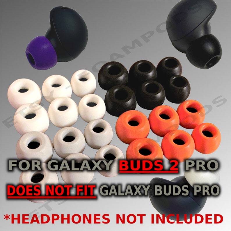Pode incluir: Um conjunto de pontas de ouvido de reposi&ccedil;&atilde;o para os fones de ouvido Galaxy Buds 2 Pro. O conjunto inclui tr&ecirc;s tamanhos de pontas de ouvido de silicone em branco, preto e laranja. O texto na imagem diz "PARA GALAXY BUDS 2 PRO N&Atilde;O SERVE PARA GALAXY BUDS PRO *FONES DE OUVIDO N&Atilde;O INCLU&Iacute;DOS".