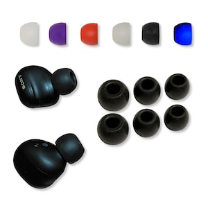 May include: A collection of black wireless earbuds and various colored ear tips. The ear tips are white, purple, red, black, and blue. The earbuds have the brand name "SONY" printed on them.