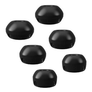 May include: A collection of six black earbud tips in various sizes: L, M, and S. The tips are smooth and rounded, designed to fit comfortably in the ear. The image is a close-up shot against a white background, highlighting the product's details.