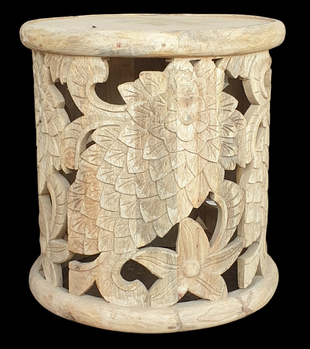 Wooden Coffee Table Round Lattice Carved Wood Accent Table/ Etsy