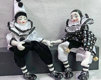 Cute Clown Porcelain Dolls,Black White Toys Home Desktop Decorative,Painted Face