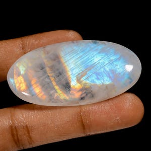 Piedra lunar arcoíris natural, cabujón de piedra lunar de fuego, piedra preciosa suelta para hacer joyas, 88 quilates, 53 x 26 x 7 mm (piedra como en la imagen)