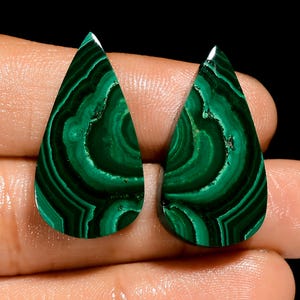 Natural Malachite Matched Pair Cabochon Pear Shape Loose Gemstone Pair For Making Earrings 45 Ct. 28X14X4 mm (Pair as picture)