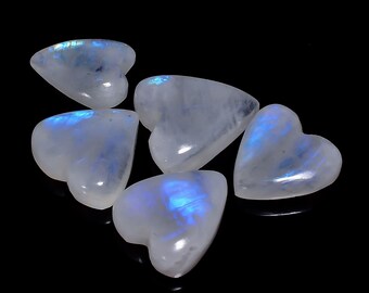 Cabujones de piedra lunar arcoíris en forma de corazón: piedras preciosas para joyería, 5 unidades (89 ct)