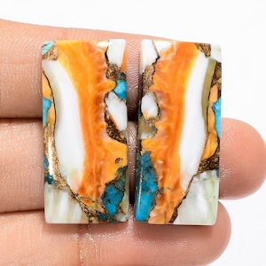 Paire de cabochons naturels en cuivre et turquoise d'huître, pierres précieuses assorties en turquoise d'huître, forme rectangulaire turquoise, taille de la paire 32 x 12 x 4 mm, poids 40 carats.