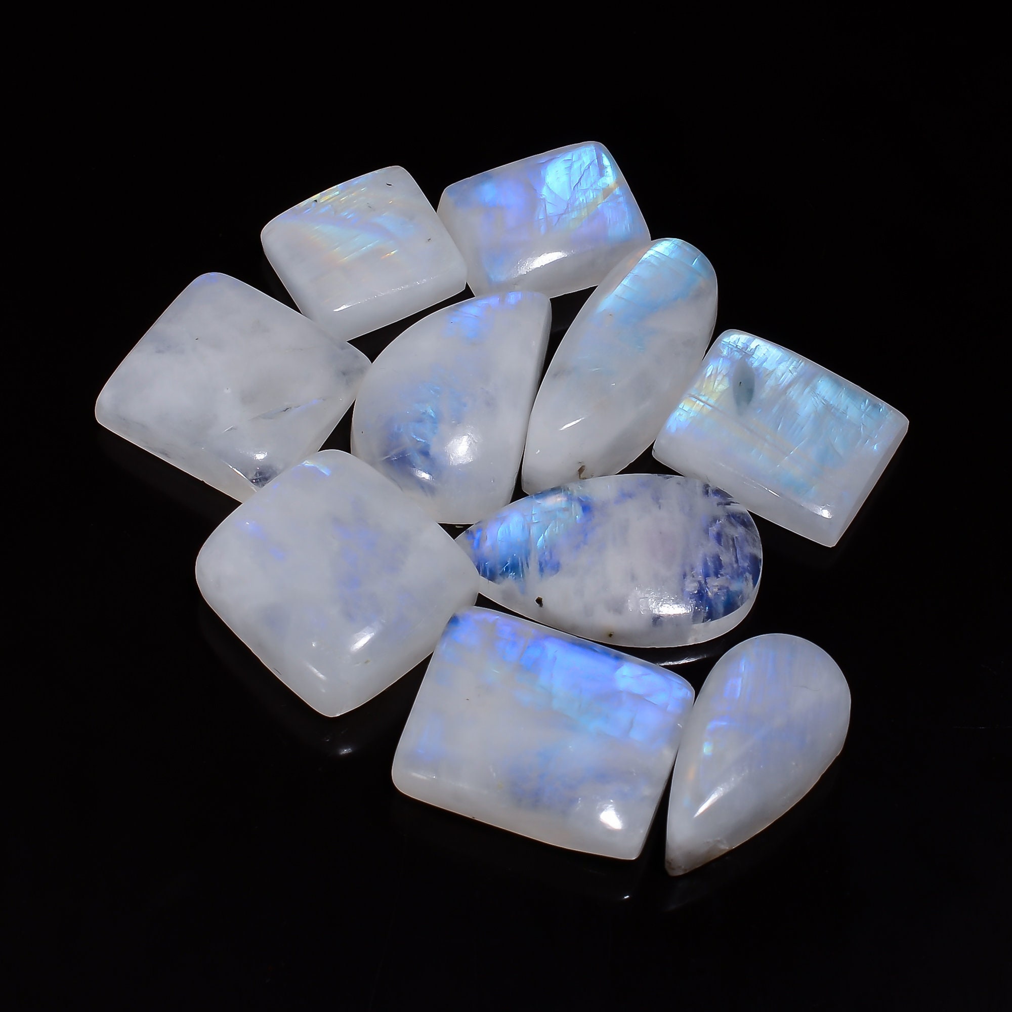 Natural Rainbow Moonstone Gemstone Lot 10 Pieces Lot 12X11 24X9 mm Size Mix Shape Rainbow Moonstone Lot Moonstone Lot (Moonstone as picture